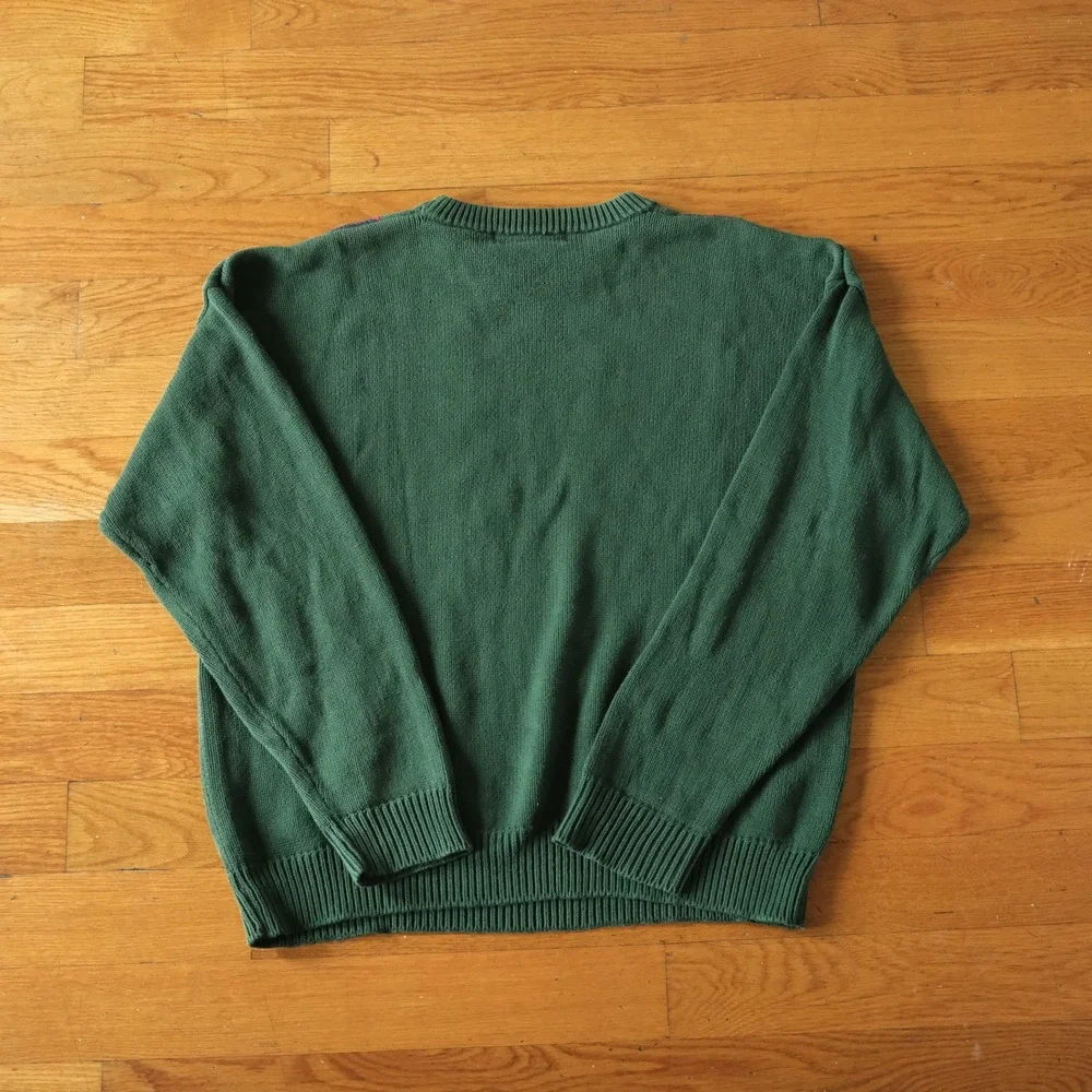 John Ashford Sweater Cable Knit Green Striped 100% Cotton XL Vintage Preppy 3437